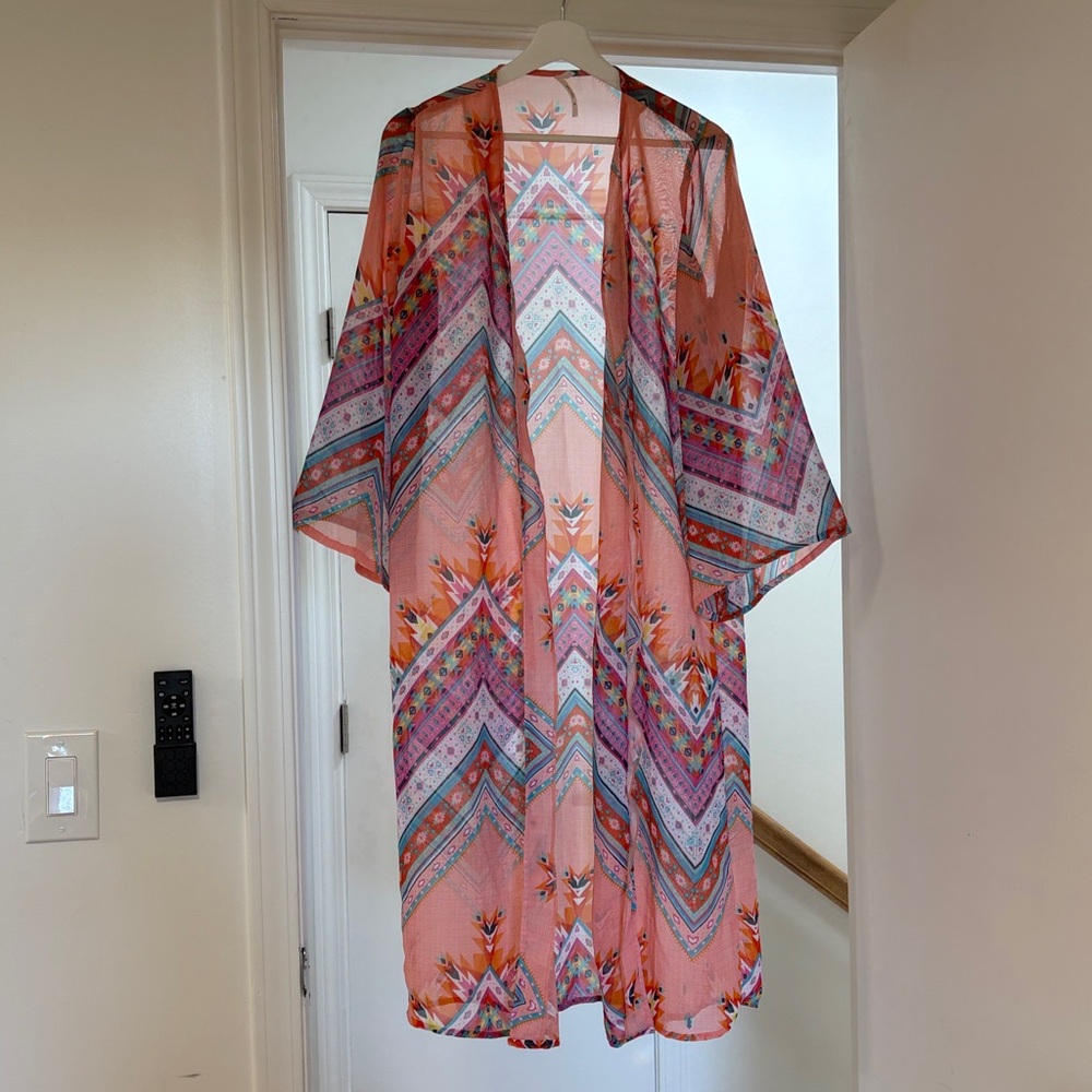 Vibrant Multicolor Patterned Kimono - Beach Cover Up